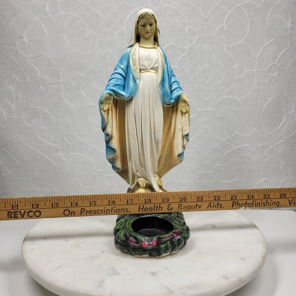 Antique Virgin Mary Serpent Votive Holder Chalkware Statue Religious Catholic - Picture 13 of 16
